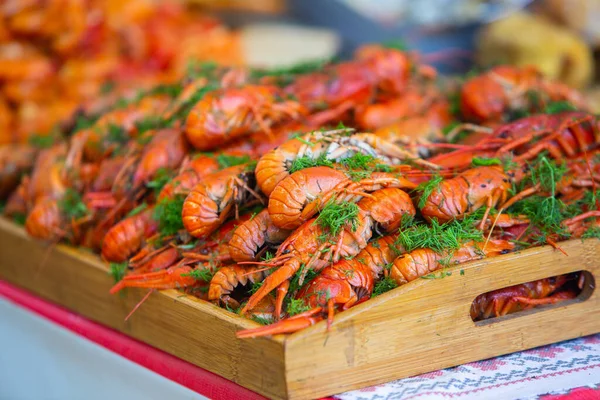 Boiled Red Crayfish Crawfish Herbs Crayfish Boiling Pot Fire — Foto de Stock