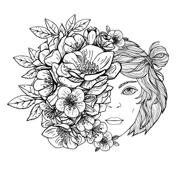 Black and white drawing of the girls face and flowers. — Stock Vector