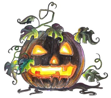 Parlayan bir balkabağı fenerinin suluboya çizimi