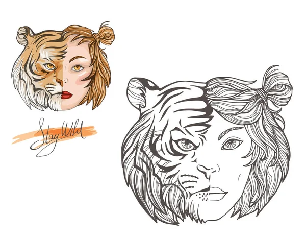 Tiger Girl Face Linjär Och Färgad Vektorritning — Stock vektor