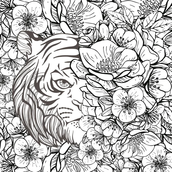 Colorier les images avec un tigre et une fleur. Coloriage art thérapie pour adultes et enfants. — Image vectorielle