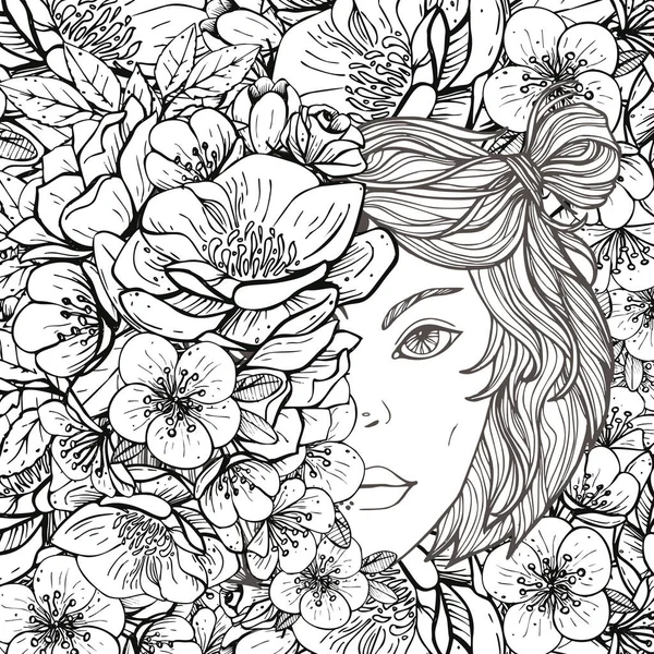 Libro para colorear con la cara de una hermosa niña entre las flores — Vector de stock