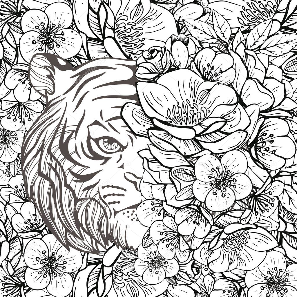 Colouring pictures with a tiger and flower. Art therapy coloring page for adults and children.