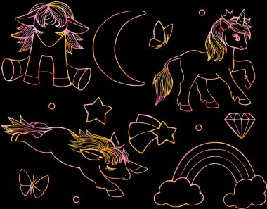Siyah zemin üzerinde şirin tek boynuzlu atlar, yıldızlar, gökkuşağı ve bulutlar olan kusursuz bir arka plan..