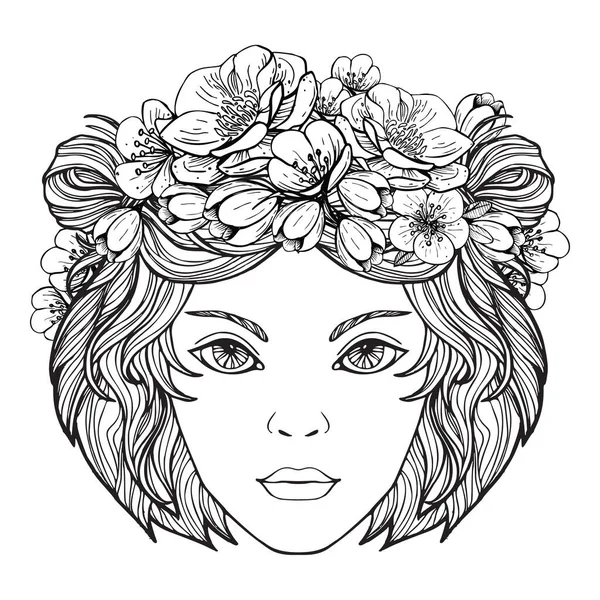 En vacker flickas ansikte i en blomsterkrans. Svart och vit grafik — Stockfoto