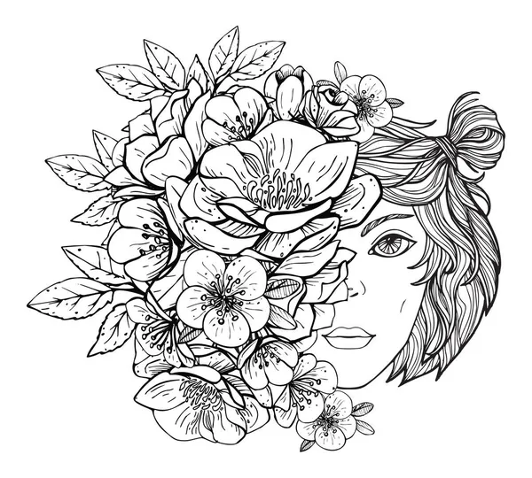 Colouring pictures with girl and flower. Art therapy coloring page for adults and children. — Stock Photo, Image