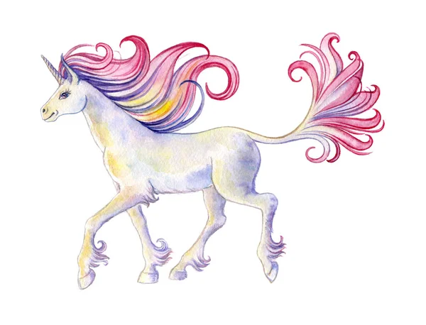 Beautiful White Watercolor Unicorn Lush Pink Mane — Stock Photo, Image