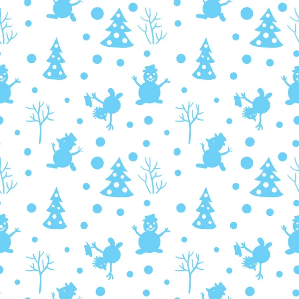 Seamless pattern with abstract fun snowmen and trees — Stock vektor