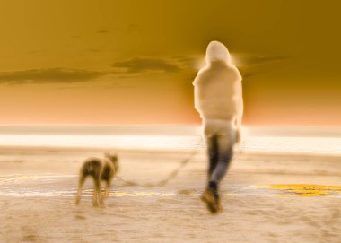 Plajda köpekli bir adamın bulanık siluetleri olan soyut bir arka plan.