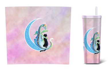 Sevimli kedi ve ejderhanın Ay 'da oturduğu klasik el yapımı tasarım. Sevgililer Günü için pembe arkaplan.