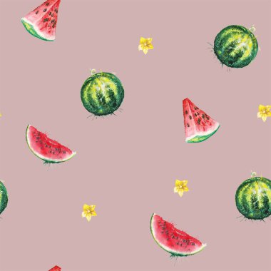 Pembe arka planda karpuz dilimleri ve karpuz renginde pürüzsüz doku.