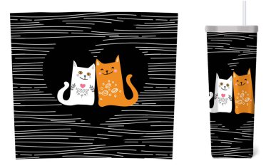 Mutlu aşk kedileriyle taklacı süblimleşme paketi. Tatlı çizgi film kawaii komik karakter. İskandinav tarzı.