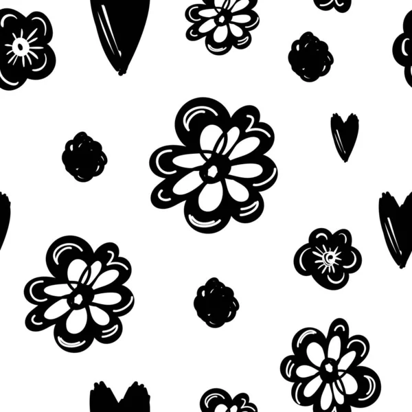 原始的な黒と白の様式化された花と心を持つシームレスなベクトルパターン — ストックベクタ