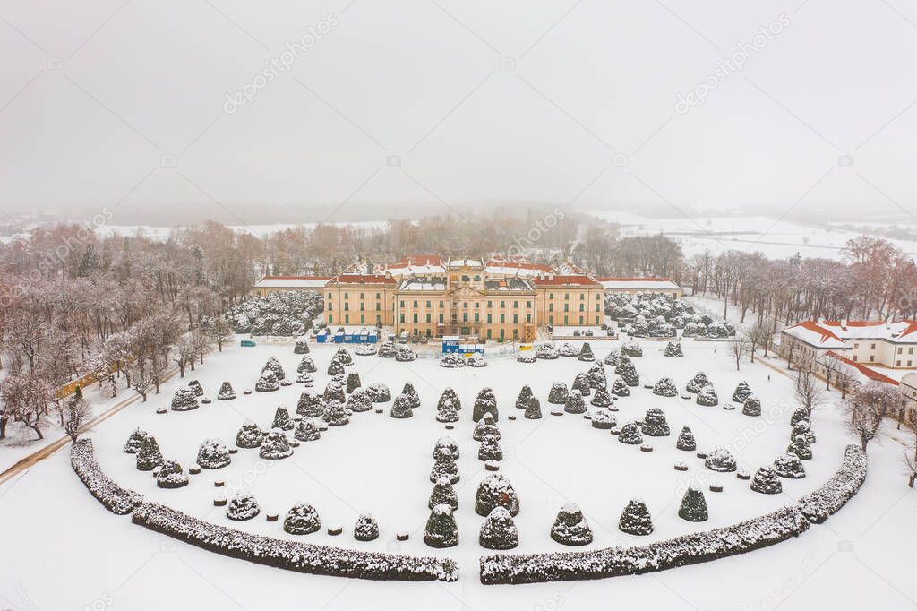 Fertod, Hungary - Aerial view of the beautiful Esterhazy castle near Sopron on a snowy winter day.