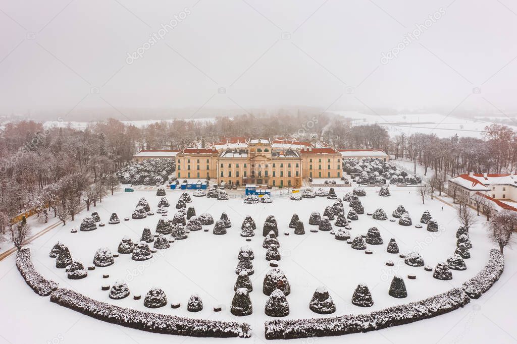 Fertod, Hungary - Aerial view of the beautiful Esterhazy castle near Sopron on a snowy winter day.