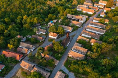 Aerial view about a tiny village named Holloko. Famous tourist destination, Unesco world heritage site.