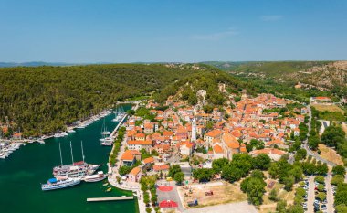 Panoramic aerial view about Skradin, a small town in the Sibenik-Knin County of Croatia. It is located near the Krka river and at the entrance to the Krka National Park.