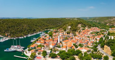 Panoramic aerial view about Skradin, a small town in the Sibenik-Knin County of Croatia. It is located near the Krka river and at the entrance to the Krka National Park.