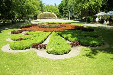 Inovroclav şehrindeki parkın girişinde çiçek ve çalılar vardı.