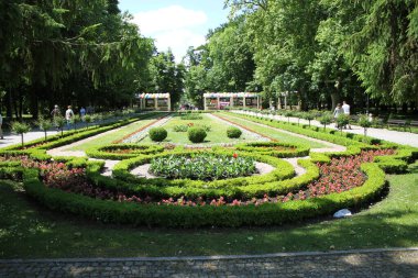 Inovroclav şehrindeki parkın girişinde çiçek ve çalılar vardı.