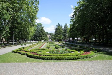 Inovroclav şehrindeki parkın girişinde çiçek ve çalılar vardı.