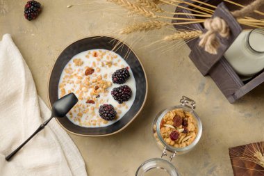 Sebze sütlü ev yapımı granola ve hafif arkaplanda taze meyve suyu. Masada bir kase müsli. Sağlıklı kahvaltı, doğal ürünler ve diyet kavramı. Vejetaryenlik.