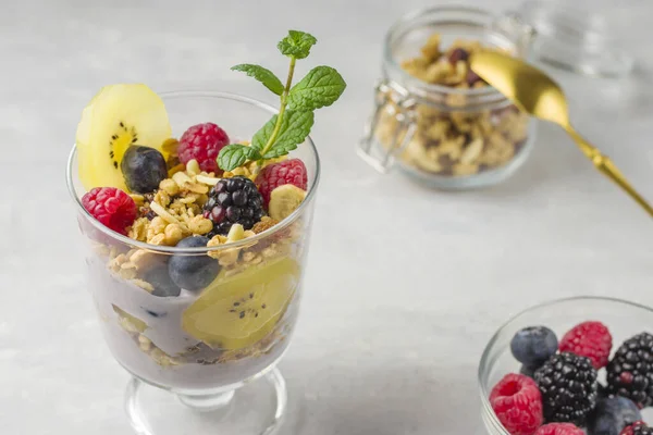 Vegan Natural Dessert Granola Raspberries Blueberries Golden Kiwi Mint Sprig — Stock Photo, Image
