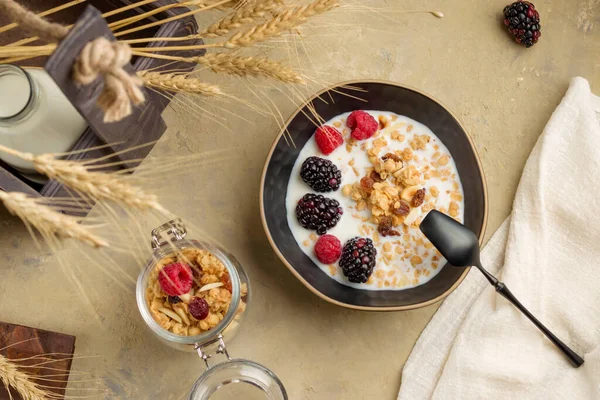 素食主义自制的格拉诺拉与蔬菜牛奶和新鲜多汁的浆果在一个轻的背景 桌上放了一碗意大利面 健康早餐 天然产品和饮食的概念 图库图片