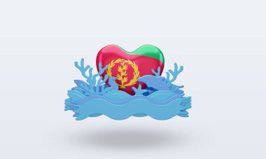 3D okyanus günü Eritre aşk bayrağı cephe manzarası yaratıyor