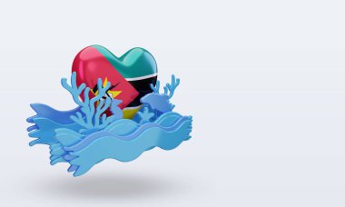 3D okyanus günü Mozambik aşk bayrağı sol görüşü yansıtıyor