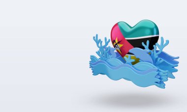 3D okyanus günü Mozambik aşk bayrağı doğru görünüm veriyor