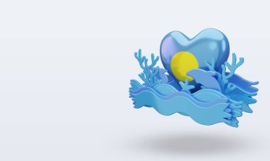 3D Okyanus Günü Palau bayrağı sever doğru manzarayı yansıtır