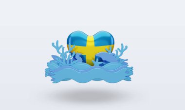 3D Okyanus Günü İsveç bayrağı ön manzara oluşturmayı sever