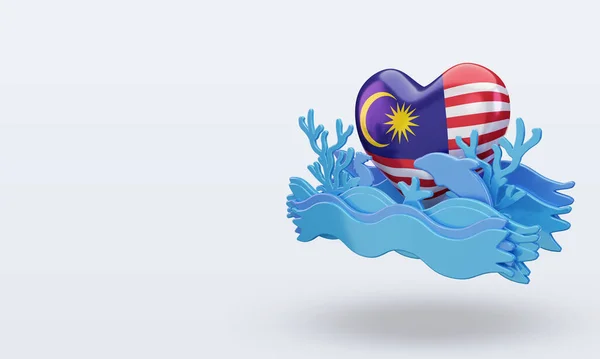 Ocean Dzień Malezja Miłość Flaga Renderowania Prawy Widok — Zdjęcie stockowe