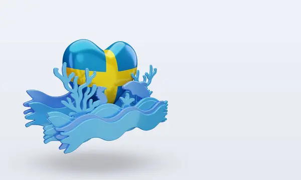 Dzień Ocean Szwecja Miłość Flaga Renderowania Widok Lewo — Zdjęcie stockowe