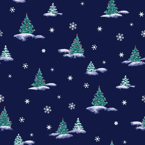 Árboles de Navidad decorados en una noche nevada. sin costuras — Archivo Imágenes Vectoriales