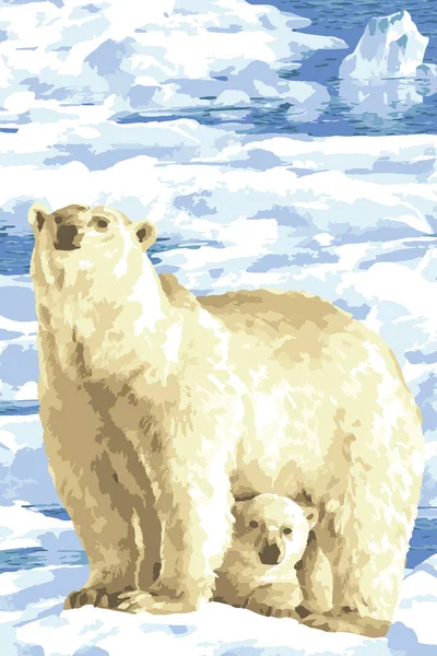 Mama bear and cub in the melting arctic, seamless repeat design. — Stockový vektor