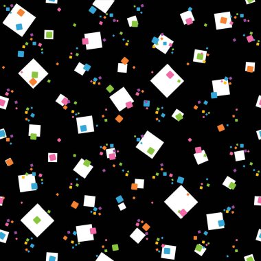 Kara zeminde yüzen büyük bir konfeti. Tasarımı tekrarla. Vektör çizimi. Yatak, Pencere Tedavisi, Masaüstü Tasarımı, Kağıt ürünleri, Koleksiyon Defteri, Mutfak Tekstili İçin Mükemmel. 