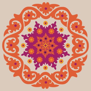 Dairesel Suzani yerleştirme tasarımı. Tişört, hatıra defteri, dekoratif yastık, kaplama, duvar kağıdı, kağıt ürünleri için mükemmel.