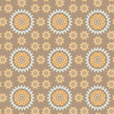 Orta Asya madalyonları ve çiçek vektörü kusursuz tasarım. Vektör çizimi. Yatak, pencere bakımı, masa üstü tasarımı, kağıt ürünleri, hatıra defteri, mutfak tekstili için mükemmel. dekoratif