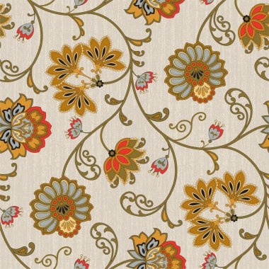 Sıcak renk kombinasyonu. Vektör çizimi. Jacobean kusursuz tasarım. Yatak, Pencere Tedavisi, Masaüstü Tasarımı, Kağıt ürünleri, Koleksiyon Defteri, Mutfak Tekstili İçin Mükemmel. 