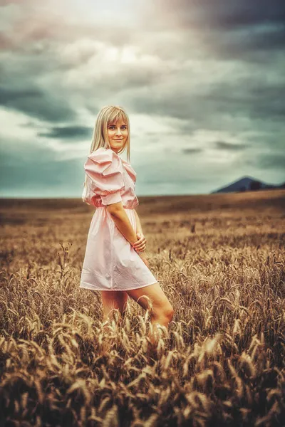 Vacker kvinna i prydnadskläder på ett vetefält. — Stockfoto