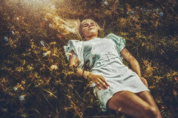 Portret van een mooie jonge vrouw op de weide. Schildereffect. — Stockfoto