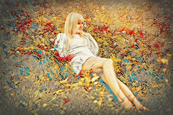 牧草地やモザイク構造上の美しい若い女性の肖像画. — ストック写真