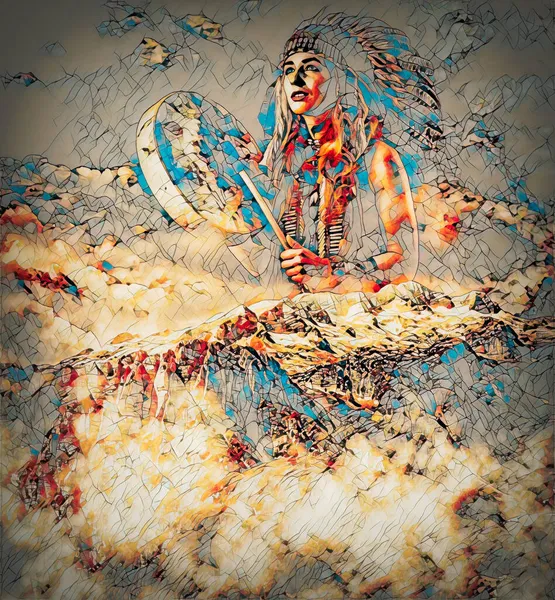 Krásná šamanská dívka hraje na šaman rám buben v přírodě a mozaiky struktury. — Stock fotografie