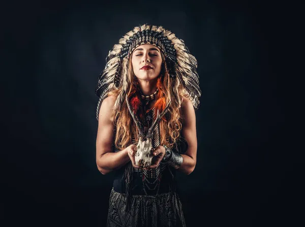 Beautiful shamanic girl in the studio. — Stock Photo, Image