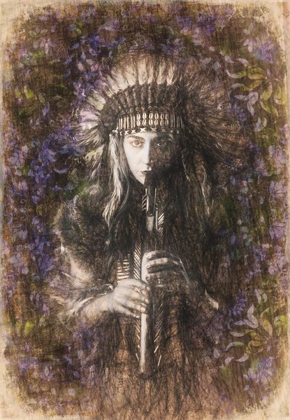 Vacker shamansk flicka spelar på indian flöjt och rita efekt. — Stockfoto