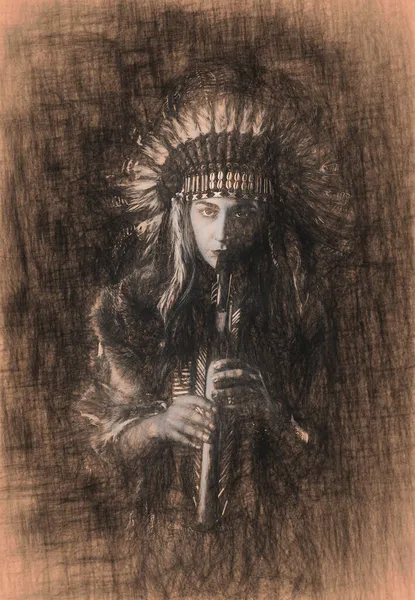Hermosa chica chamánica jugando en la flauta india y efecto de dibujo. — Foto de Stock