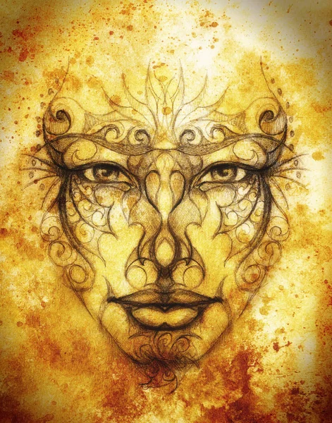 Mystisches Gesicht mit floralem Ornament. Zeichnung auf Papier, Farbeffekt. — Stockfoto