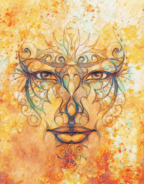 Mystic face with floral ornament. Drawing on paper, Color effect. — Stock Photo, Image